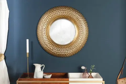 Luxusní a designová zrcadla Estila Orientální luxusní nástěnné zrcadlo Solei v zlatém rámu ve tvaru kruhu 60cm
