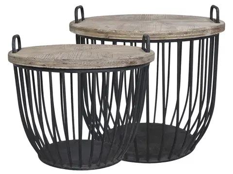 Konferenční stolky 2ks černý antik kovový coffee stolek s dřevěnou deskou Charlotte - Ø57*48 cm Chic Antique 41032424 (41324-24)