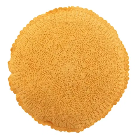 Dekorační polštáře Žlutý kulatý bavlněný polštář s krajkou Lace ochre - Ø 38*12cm J-Line by Jolipa 23073