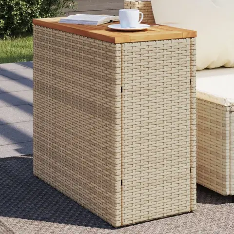 Zahradní stolky Zahradní stolek s dřevěnou deskou béžový 58x27,5x55cm polyratan