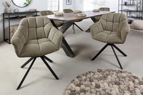 Luxusní jídelní židle Estila Designová otočná retro židle do jídelny Mariposa s olivově zeleným čalouněním a černými kovovými nohami 83cm
