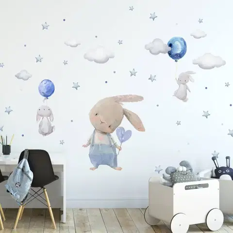 Samolepky na zeď Samolepka na zeď - Modré zajíčky s balony