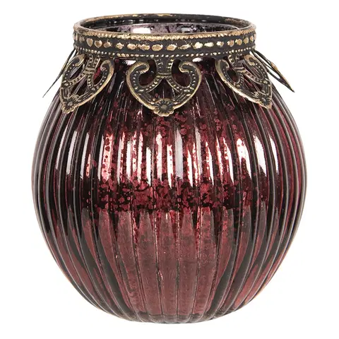 Svícny Červený skleněný svícen na čajovou svíčku s kovovým zdobením - Ø  9*9 cm Clayre & Eef 6GL2647