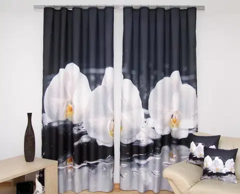 Luxusní hotové závěsy s potiskem 3D Černé závěsy na okno s bílými orchidejemi