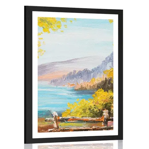 Příroda Plakát s paspartou olejomalba horského jezera