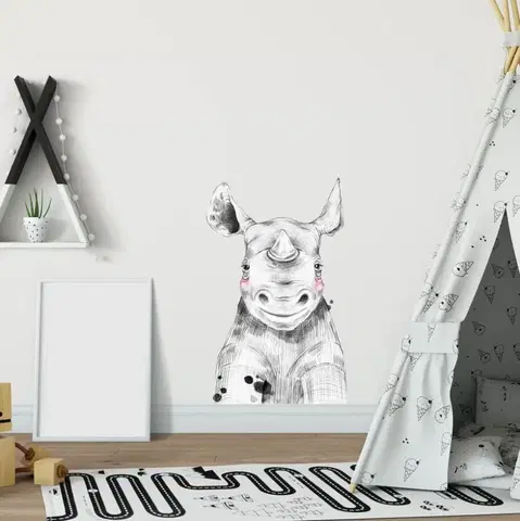 Samolepky na zeď Dětské samolepky na zeď - Velký nosorožec v černobílé barvě