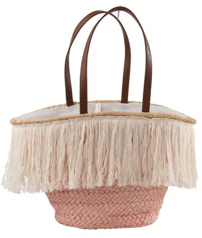 Nákupní tašky a košíky Světle růžová plážová taška/ košík s třásněmi Beach tassel  - 48*18*30cm J-Line by Jolipa 93738 světle růžová