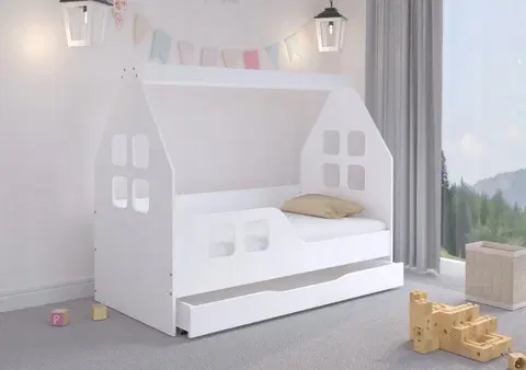 Dětské postele Okouzlující dětská postel se šuplíkem 160 x 80 cm bílé barvy ve tvaru domečku