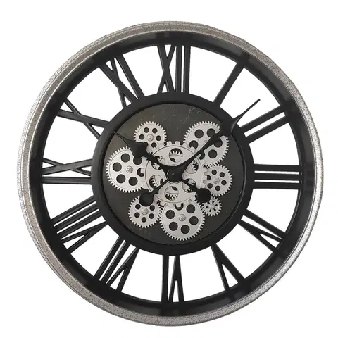 Hodiny Stříbrno-černé hodiny s ozubenými kolečky Pion - Ø 51*8 cm / 3*AA Clayre & Eef 6KL0778
