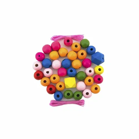Dřevěné hračky Teddies Korálky dřevěné barevné MAXI s gumičkami, 106 ks, v plastové dóze 9 x 13 cm