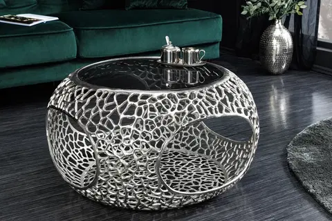 Designové a luxusní konferenční stolky Estila Designový glamour kulatý stříbrný konferenční stolek Hoja s úložným prostorem a pavučinovým designem 40 cm