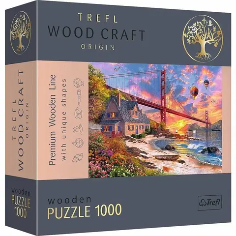 Hračky puzzle TREFL - Dřevěné puzzle 1000 - Západ slunce nad mostem Golden Gate