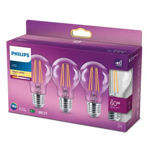 LED žárovky Philips Philips LED Classic E27 A60 7W 827 čirá 3ks