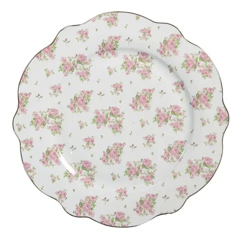 Talíře Bílo-růžový jídelní talíř s růžičkami Sweet Roses - Ø 27*2 cm Clayre & Eef SWRFP