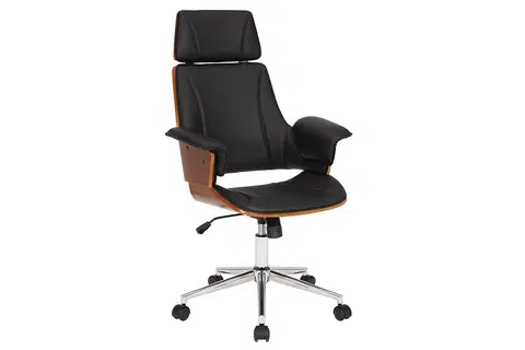 Designové a luxusní židle do pracovny a kanceláře Estila Designová kožená otočná kancelářská židle Madison s dřevěnými prvky na kolečkách hnědá černá 64 cm