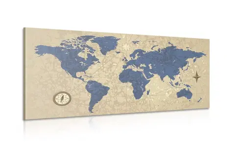 Obrazy mapy Obraz mapa světa s kompasem v retro stylu