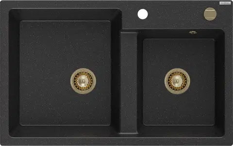 Sifony k pračkám MEXEN/S Tomas granitový dřez 2-bowl 800x500 mm, czarny/srebrny metalik, + zlatý sifon 6516802000-73-G