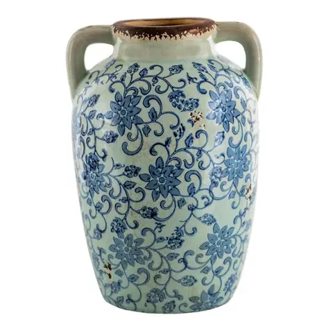 Dekorativní vázy Dekorativní váza s modrými květy a uchy Tapp - 16*15*24 cm Clayre & Eef 6CE1377