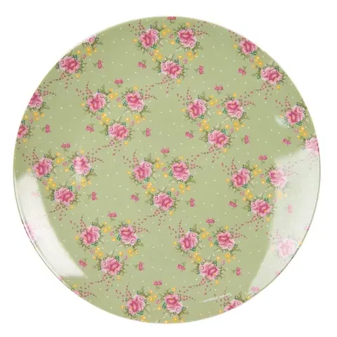 Talíře Zelený porcelánový jídelní talíř s květy Cheerful Birdie - Ø 26 cm Clayre & Eef HBFP