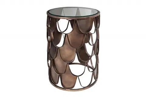 Luxusní a designové příruční stolky Estila Art-deco bronzový příruční stolek Escama s kruhovou deskou ze skla a motivem šupin 40cm