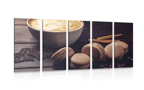 Obrazy jídla a nápoje 5-dílný obraz káva s čokoládovými makrónkami