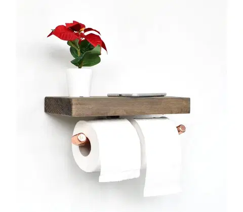 Nástěnné police  Držák toaletního papíru s policí BORU 12x30 cm smrk/měděná 