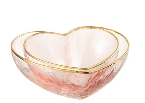 Mísy a misky Set 2ks růžová skleněná miska ve tvaru srdce Heart -  15*115*5,5/ 12*12*5 cm J-Line by Jolipa 42484