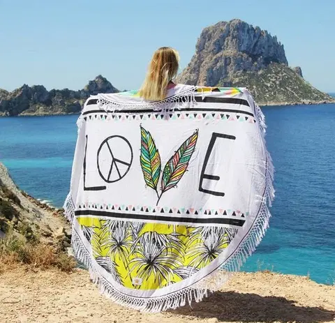 Ručníky Bílý kulatý plážový bavlněný ručník s třásněmi Love - Ø180 cm Mycha Ibiza new 36009