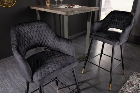 Luxusní jídelní židle Estila Art deco barová židle Fribourg s opěrkami v sametovém břidlicově šedém čalounění na černých nožičkách 104cm