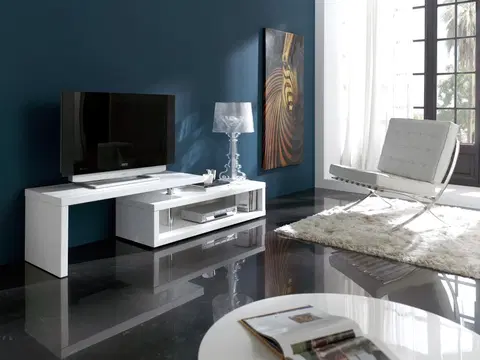 Luxusní a designové televizní stolky Estila Jedinečný obdélníkový TV stolek Henning v lesklé bílé barvě s nastavitelnou vrchní deskou 200cm