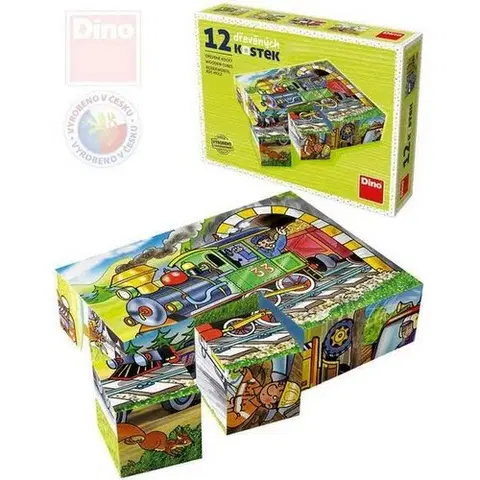 Dřevěné hračky Kostky kubus Mašinka dřevo 12ks v krabičce 16x12x4cm