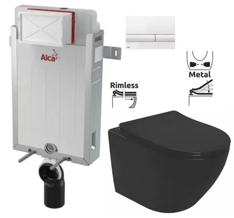 Záchody ALCADRAIN Renovmodul předstěnový instalační systém s bílým tlačítkem M1710 + WC REA CARLO MINI RIMLESS ČIERNY MAT + SEDADLO AM115/1000 M1710 MM1
