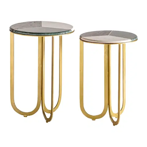 Designové a luxusní konferenční stolky Estila Art-deco set dvou kulatých příručních stolků Corbusier s kovovými nohami zlaté barvy a mramorovými povrchovými deskami 64cm