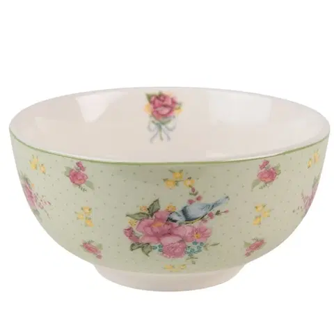 Mísy a misky Zelená porcelánová miska s květy a ptáčkem Cheerful Birdie - Ø 14*7 cm/ 500ml Clayre & Eef HBBO