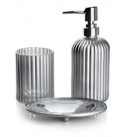 Stojany na kartáčky Bathlab Koupelnová sada ARI 400ml stříbrná - dávkovač s držákem mýdla + kelímek na zubní kartáček