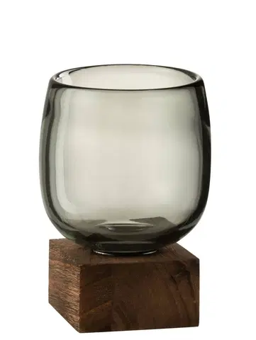 Svícny Skleněný svícen / váza na dřevěném podnosu - 10*10*14 cm J-Line by Jolipa 3734