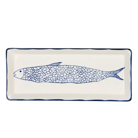 Talíře Servírovací talíř s modrým dekorem ryby Atalante - 30*12*2 cm Clayre & Eef 6CE1243