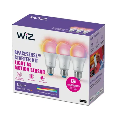 LED žárovky WiZ SET 3x LED žárovka E27 A60 8,8W 806lm 2200-6500K RGB IP20, stmívatelná