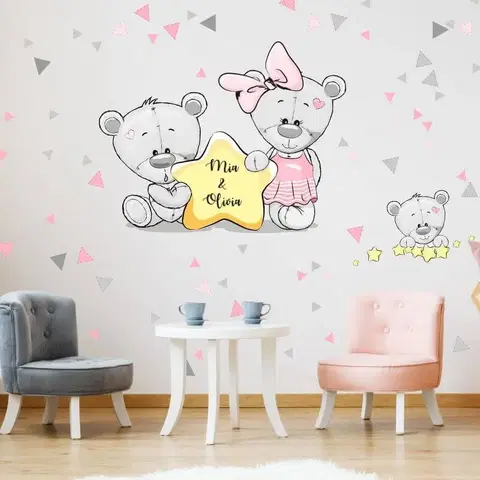 Samolepky na zeď Dětské samolepky na zeď - Medvídci kluk a holka se jménem a trojuhelníky