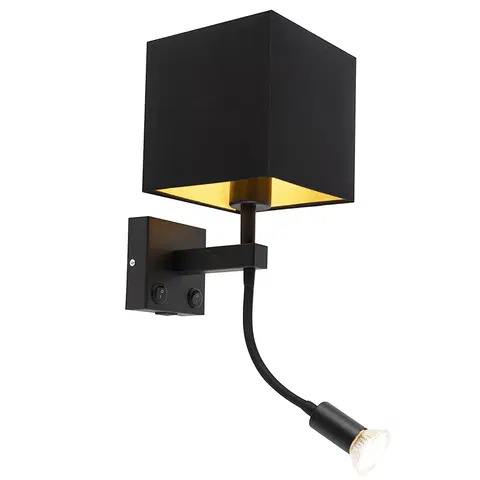 Nastenna svitidla Moderní nástěnná lampa černá s USB a čtvercovým černým odstínem - Zeno