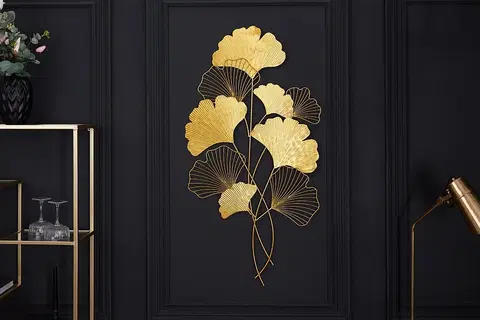 Různé luxusní dekorace a doplňky Estila Moderní florální nástěnná kovová dekorace Biloba I zlaté barvy 110cm