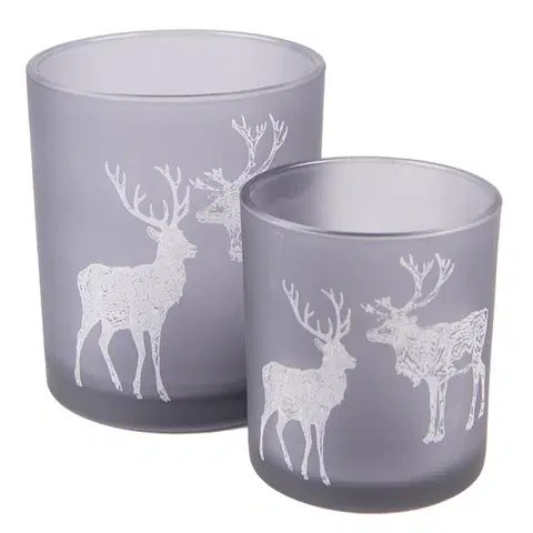 Svícny 2ks šedý skleněný svícen na čajovou svíčku s jelenem a sobem - Ø 7*8/ Ø 9*10cm Clayre & Eef 6GL4098