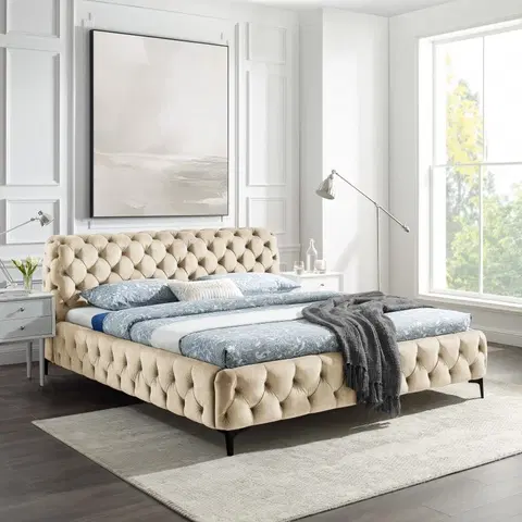 Luxusní a stylové postele Estila Elegantní chesterfield manželská postel Modern Barock se sametovým krémovým čalouněním 180x200