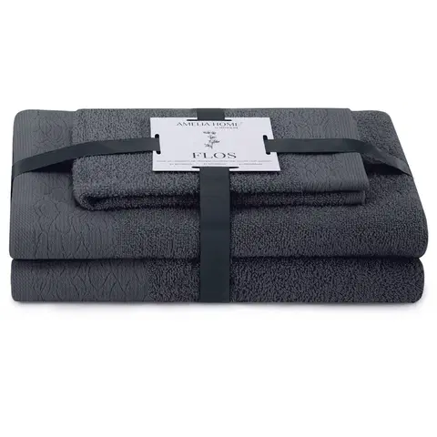 Ručníky AmeliaHome Sada 3 ks ručníků FLOSS klasický styl grafitově šedá, velikost 50x90+70x130