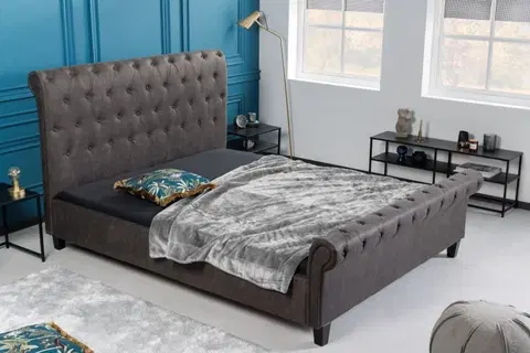 Luxusní a stylové postele Estila Moderní manželská postel Gambino s tmavě šedým Chesterfield čalouněním a černými dřevěnými nožičkami 225cm