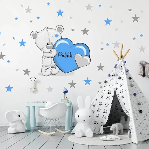 Samolepky na zeď Šedý plyšový medvídek s modrými hvězdami