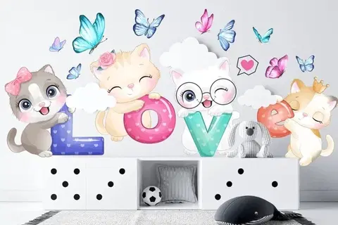 Zvířátka Nálepka na zeď pro dívky koťata s nápisem LOVE