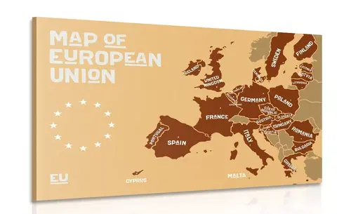 Obrazy mapy Obraz naučná mapa s názvy zemí evropské unie v odstínech hnědé