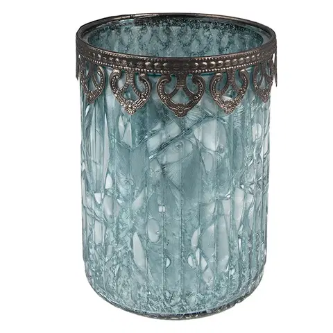 Svícny Tyrkysový skleněný svícen na čajovou svíčku se zdobným okrajem - Ø 11*14 cm Clayre & Eef 6GL3986