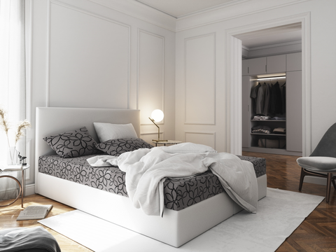 Postele Čalouněná postel CESMIN 180x200 cm, šedá se vzorem/bílá